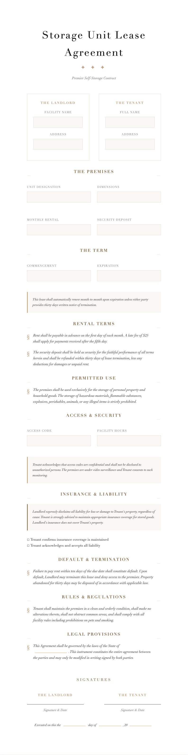 Elegant sophisticated luxury storage unit lease agreement